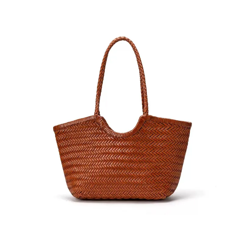 Women'S Vacation Accessories - Genuine leather handwoven vegetable basket tote